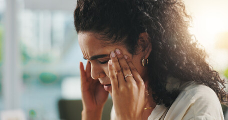 Woman, stress and headache with remote work from home, overwhelmed and burnout with project...