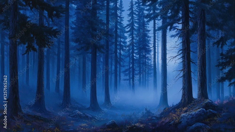 Aufkleber moody blue forest with low lying fog and tall trees