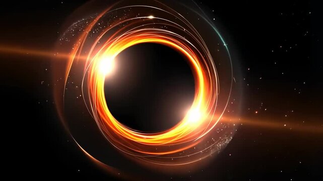 A cosmic video scene with a glowing ring resembling a black hole. The front-facing angle captures swirling light and stars in deep space.