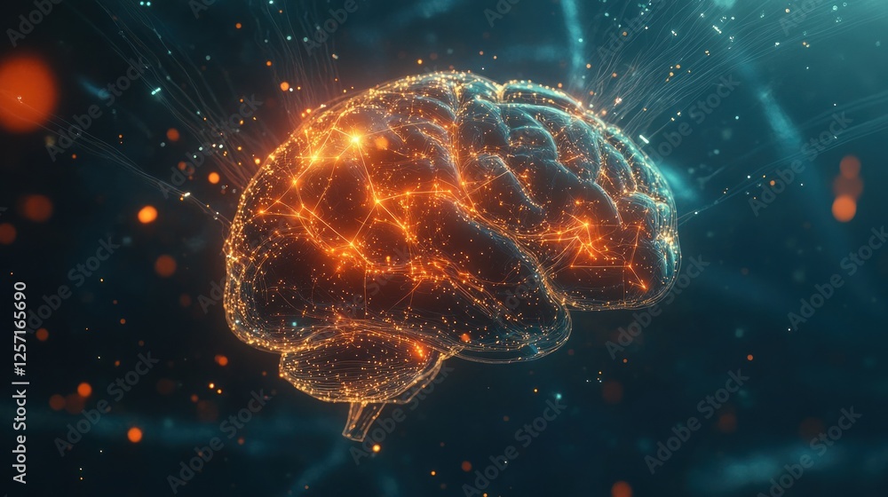 Aufkleber neural network visualization, human brain with data connections radiating out