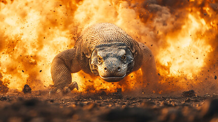 Obraz premium Komodo Dragon Charges Through Fiery Explosion