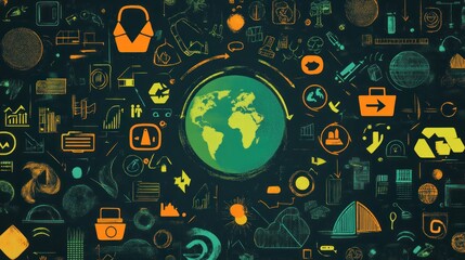 Colorful illustrations on a dark background depict global sustainability