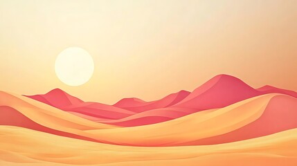 Sunset over stylized desert dunes and mountains
