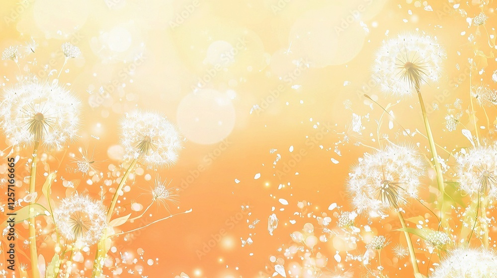 Poster white dandelions in spring background with soft floating elements