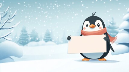 Penguin holding a blank banner in a snowy scene with trees and falling snowflakes