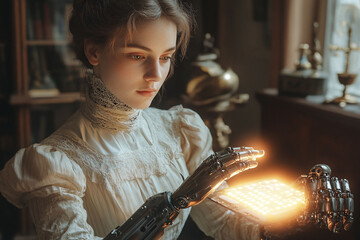 Woman in Vintage Dress with Robotic Arm Examining Lights