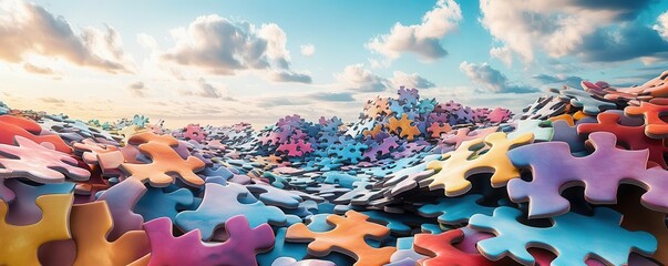 A surreal landscape where the ground is made of colorful puzzle pieces, some missing, revealing an alternate universe beneath