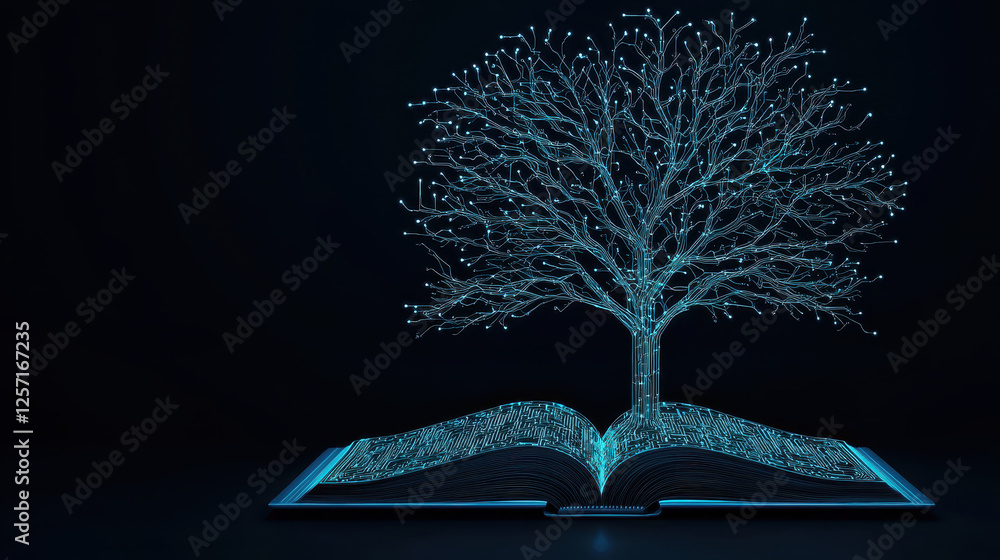 Poster glowing tree emerging from open book, symbolizing knowledge and growth