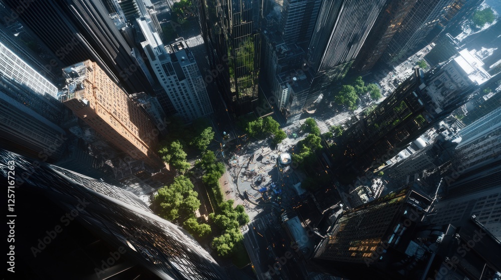 Poster aerial view showcases a city intersection with greenery and buildings