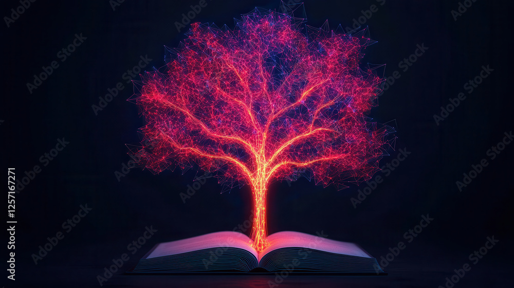 Poster digital tree emerging from open book, symbolizing knowledge and growth
