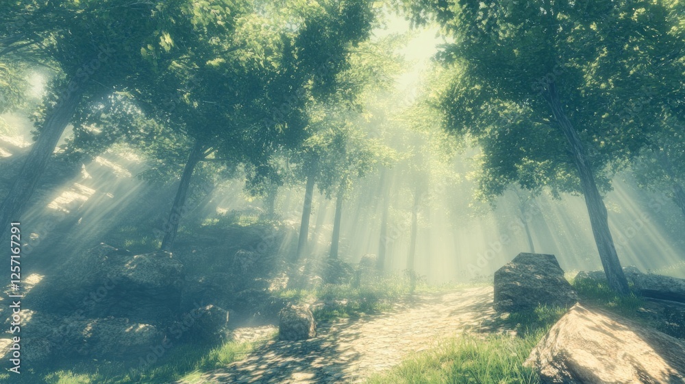 Poster Sunlight shines through trees illuminating a path in a forest