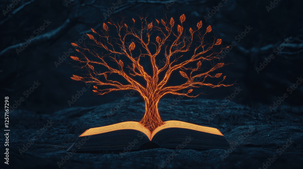 Poster illuminated tree emerges from open book, symbolizing knowledge and growth