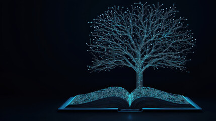 glowing tree emerging from open book, symbolizing knowledge and growth