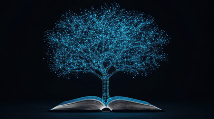 Digital tree emerging from open book, symbolizing knowledge and growth