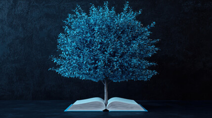 Blue tree growing from open book, symbolizing knowledge and growth