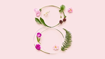 Fototapeta premium Floral Number 8 Made of Delicate Flowers, Green Leaves, and Pine Cones on Soft Pink Background