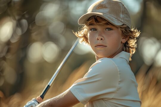 the boy is fond of golf, white uniform, activities for the rich, golf club, children of rich parents, training on the field