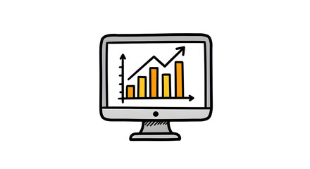 Computer Displaying Growing Bar Graph and Upward Trending Arrow Symbol
