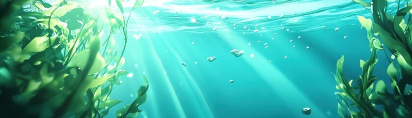 Sunlight filters through ocean water amid seaweed and bubbles