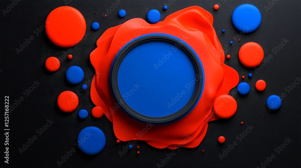 Poster blue and red paint on black surface with circular patterns and shapes