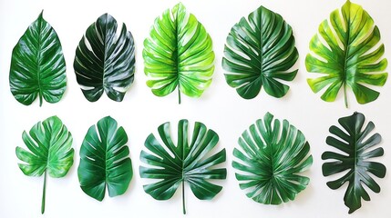 Fototapeta premium Various green monstera leaves arranged on a plain white background