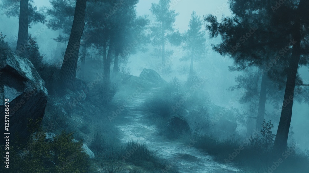 Poster foggy path winds through a forest of tall pines