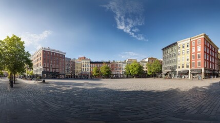 Wide panoramic view of historic urban square and buildings