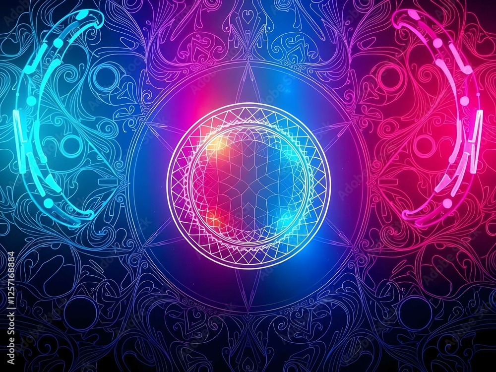 Poster a modern holographic design with iridescent colors, abstract patterns, creating a trendy, futuristic