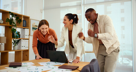 Business people, excited and laptop in office for finance, successful campaign or economic win. Startup team, tech or cheering in agency for target profit, news opportunity or development in industry