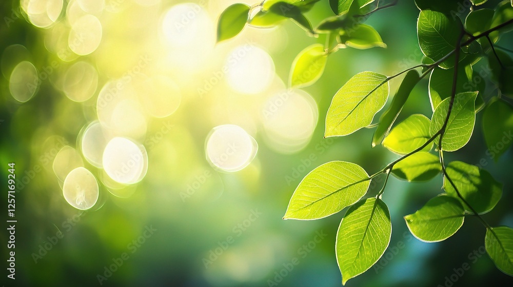 Poster lush green leaves with soft bokeh background in spring light