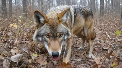 Eastern coyote stares intensely directly at the camera lens