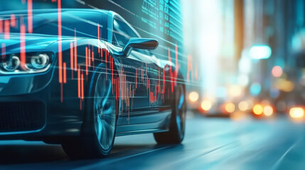 Luxury car on city street, integrated with financial data overlay, illustrating modern automotive technology and urban market dynamics.
