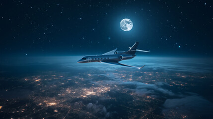 Obraz premium Jet soaring above the city under a moonlit sky.