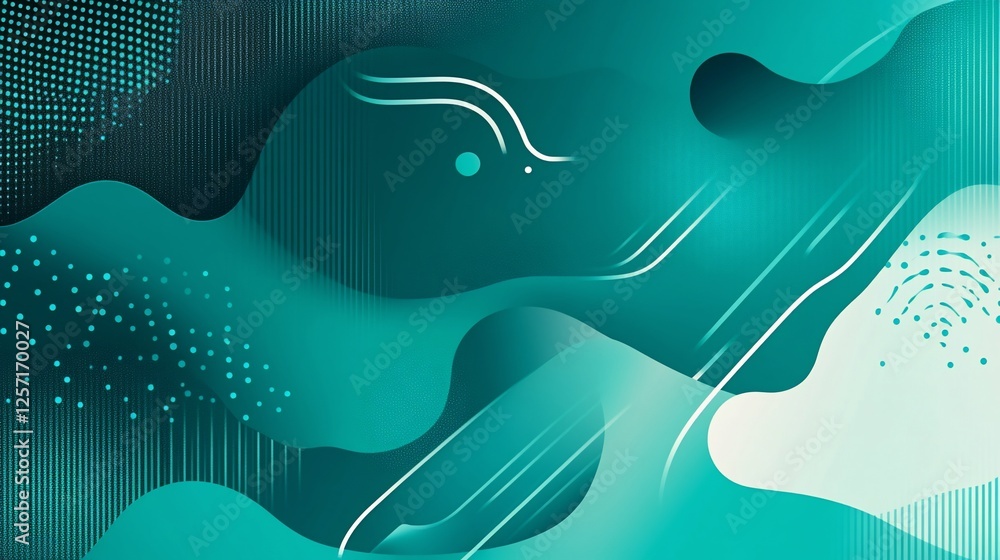 Poster abstract teal and white dynamic shapes with various patterns and lines