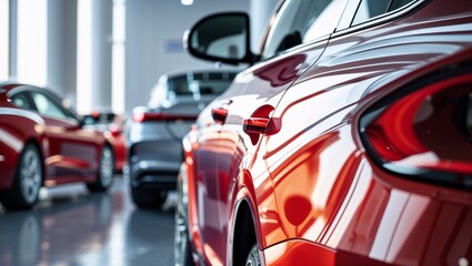 A vibrant red car gleams under the showroom lights, showcasing its modern design and finish.