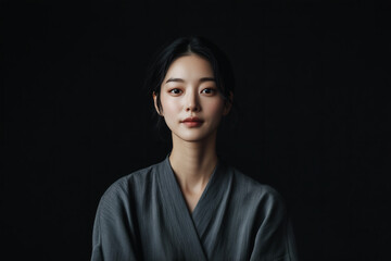 Fototapeta premium Portrait of a serene woman against a dark backdrop.