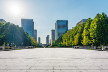 Serene Urban Landscape with Modern Architecture and Lush Greenery