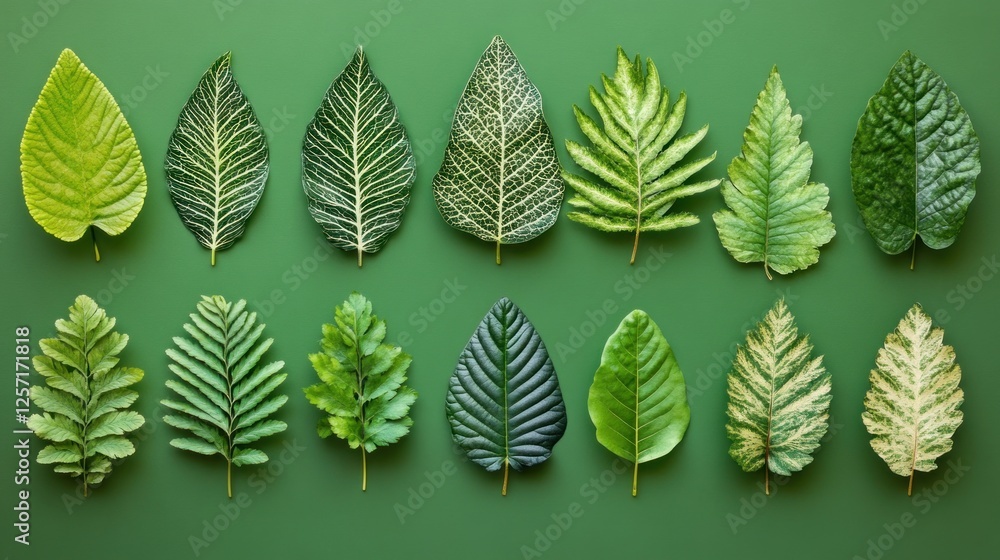 Poster collection of various green leaves displayed against a green background