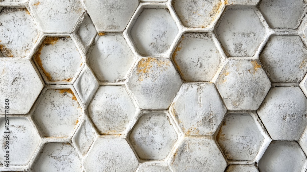 Poster white hexagonal ceramic tile pattern with distressed and aged texture