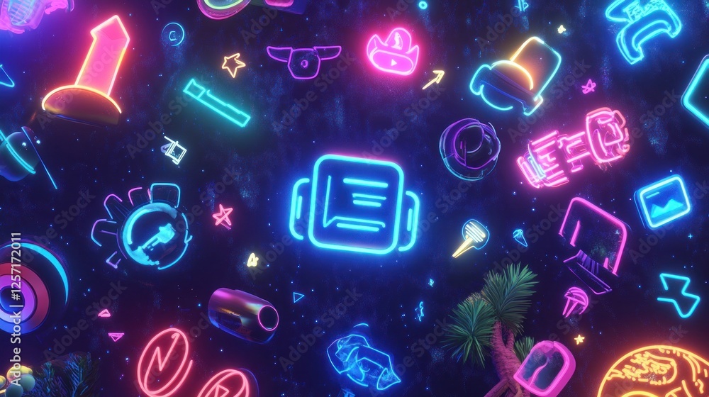Poster neon icons float in a dark space background with plants