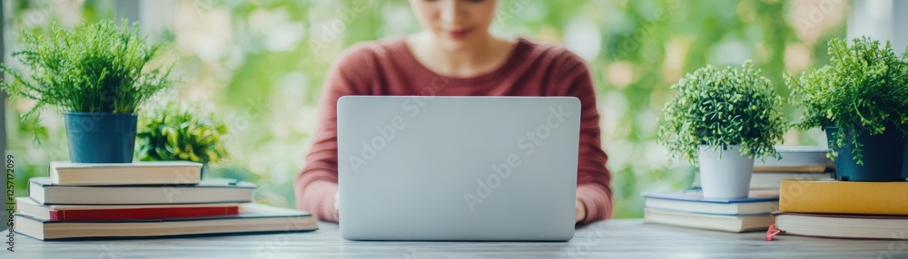 Aufkleber woman sitting at a table using a laptop with a coffee cup and notebook in a modern workspace