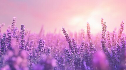 Obraz premium Vibrant Lavender Field Under a Soft Pink Sky at Sunrise