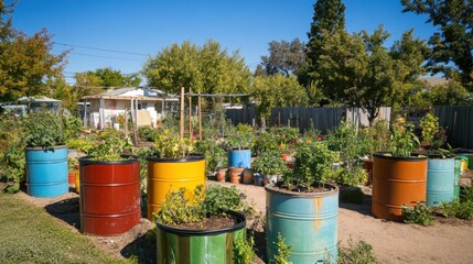 Fototapeta premium Colorful barrels repurposed as planters in a community garden