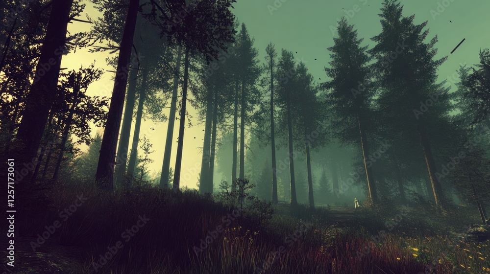 Poster atmospheric forest scene with tall trees and misty background