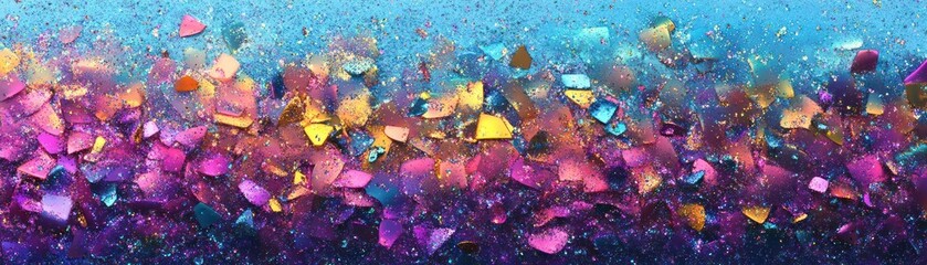 Multicolored abstract artwork features fragmented forms on a textured background