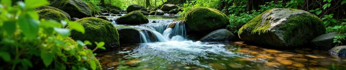 Fototapeta premium Serene forest brook flowing beside moss covered stones, green, forest, forest floor