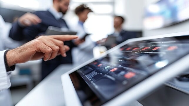 Team of Scientists Collaborating on a Touchscreen Interface Showing Data Analysis Results