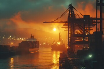 Obraz premium Stunning Sunset Over Industrial Shipping Port with Cargo Ships and Cranes Silhouetted Against Vibrant Orange and Blue Sky
