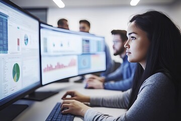 Focused Female Data Analyst Working on Multiple Monitors with Data Visualizations