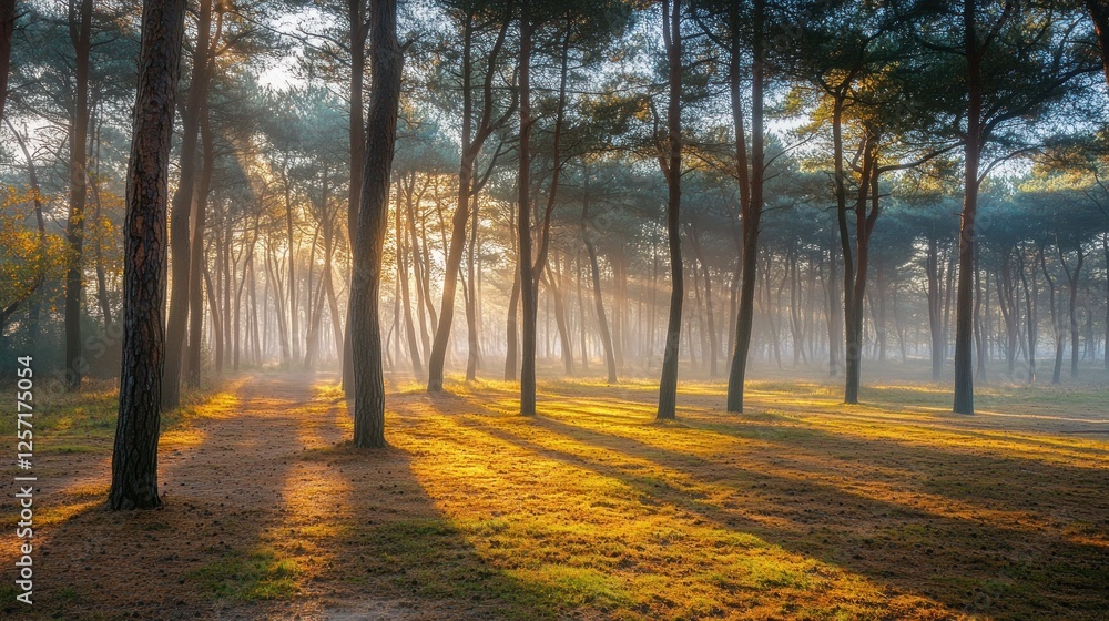 Poster Sunlight streams through a dense forest creating a golden glow